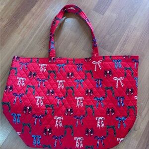 Red Quilted Tote Bag with Bow Pattern